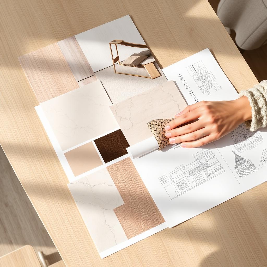 Moodboard con campioni di materiali, tessuti e schizzi progettuali