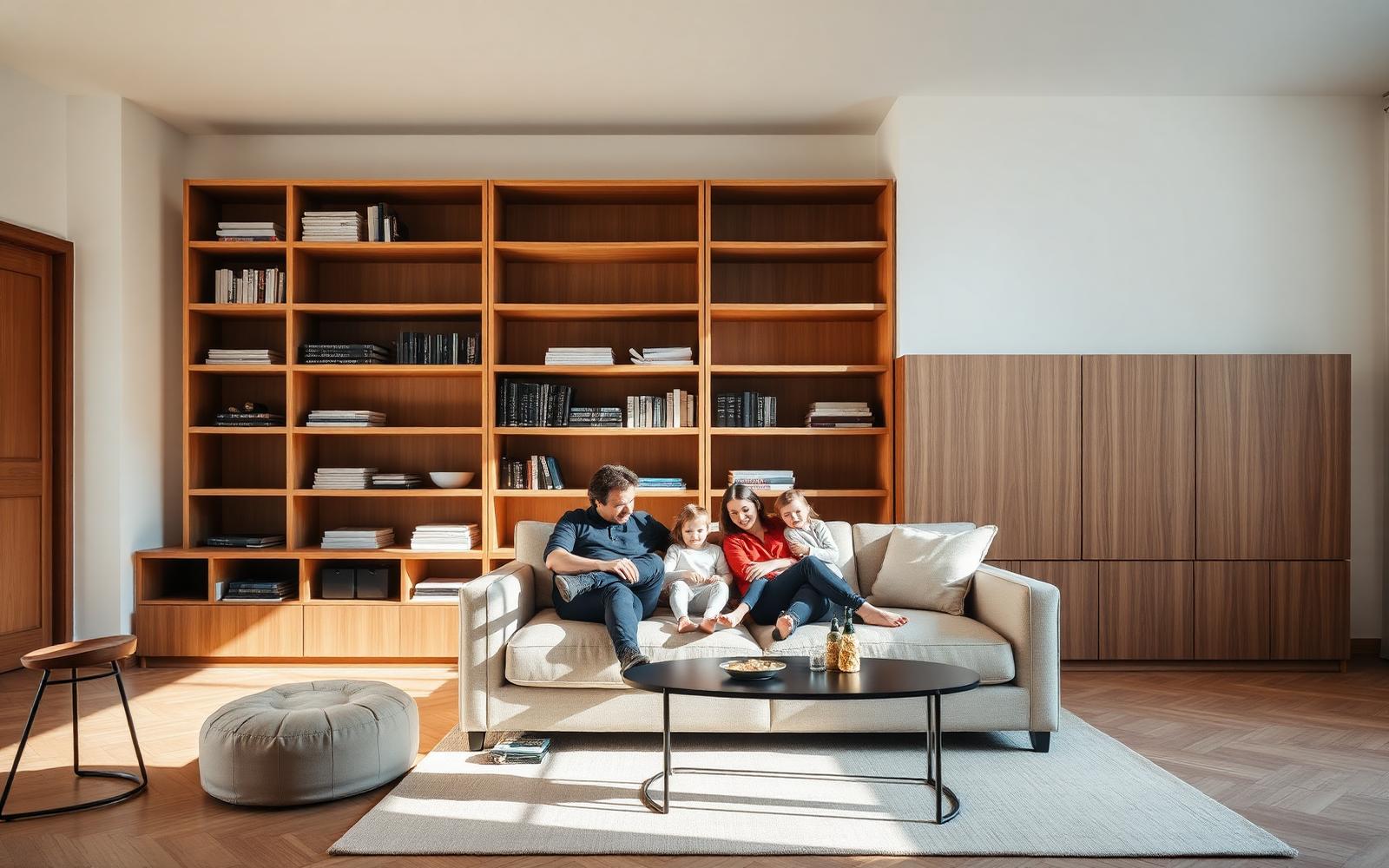 Soggiorno moderno arredato con libreria su misura e famiglia seduta sul divano