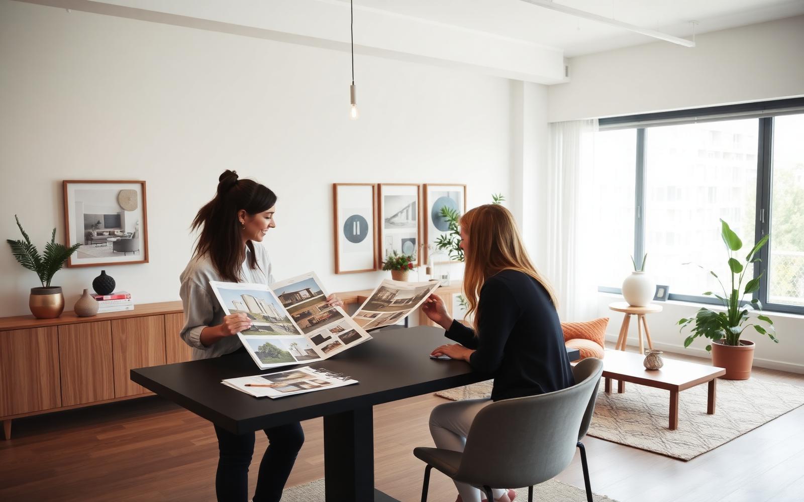 Progettista mostra render e campionature di materiali a due clienti in studio