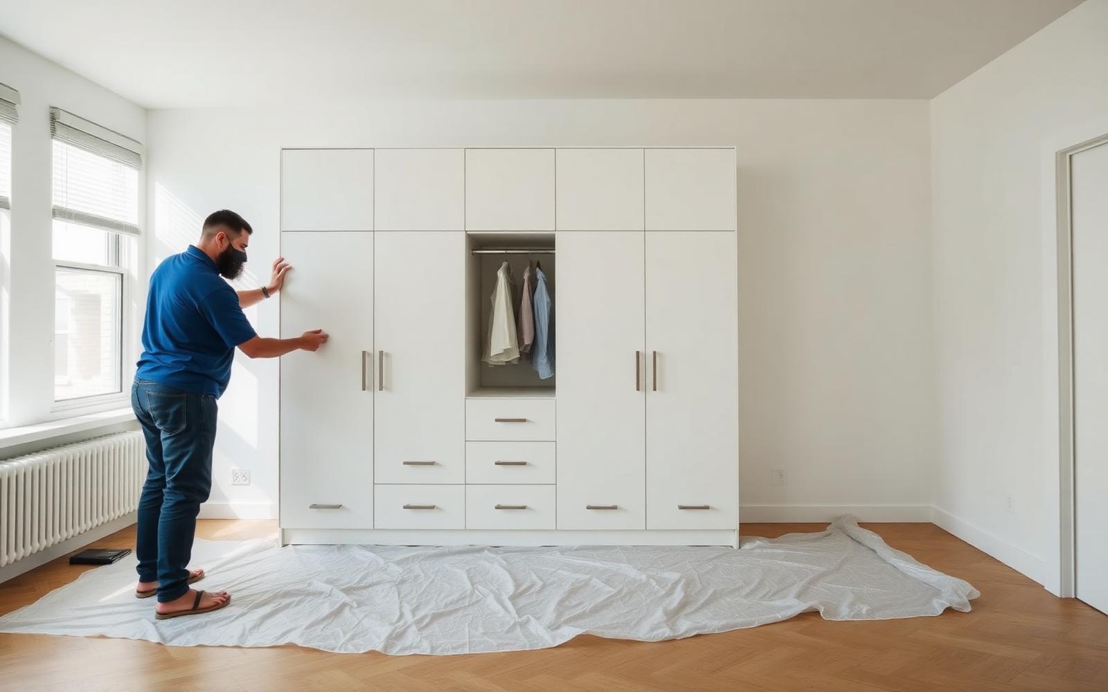 Montatori installano un armadio su misura in un appartamento vuoto
