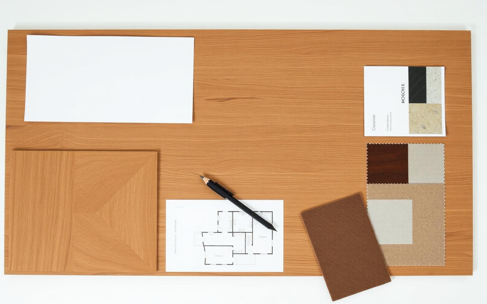 Moodboard con campioni di legno, pietra, tessuti e planimetria