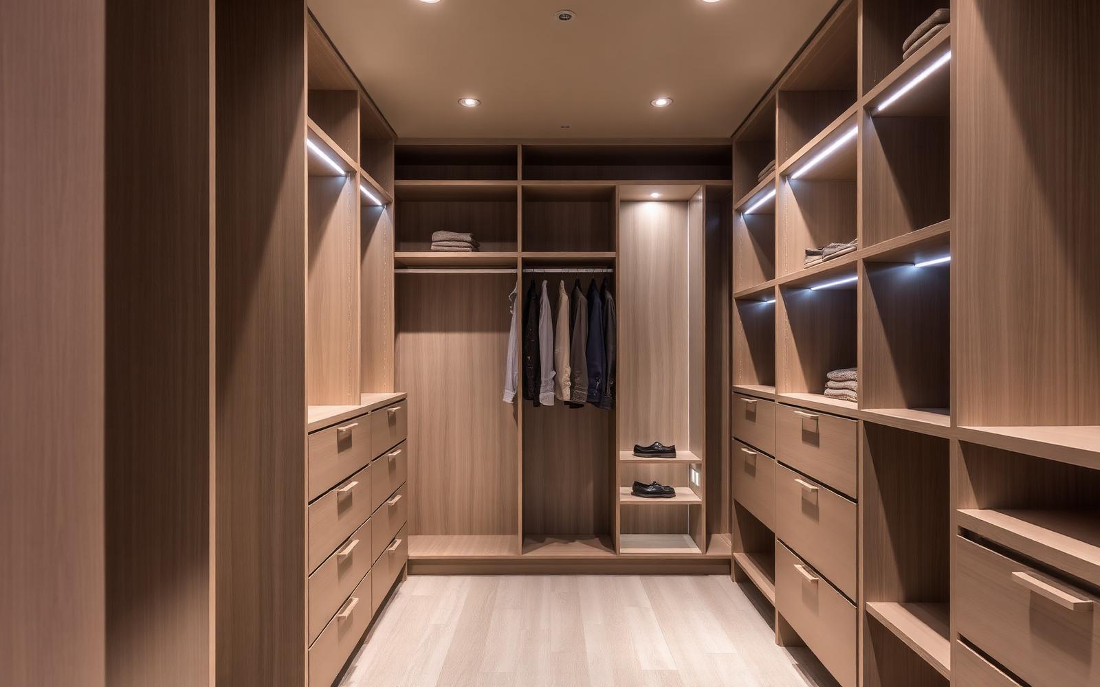 Cabina armadio con scaffalature su misura, cassetti e illuminazione LED integrata