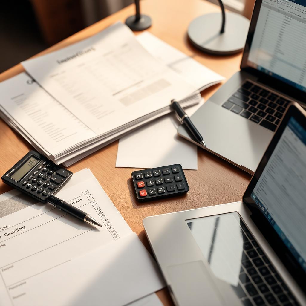 Scrivania con preventivi, calcolatrice, penna e laptop