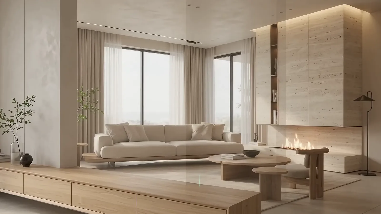 Soggiorno su misura realizzato a Roma: rovere, travertino e luce naturale
