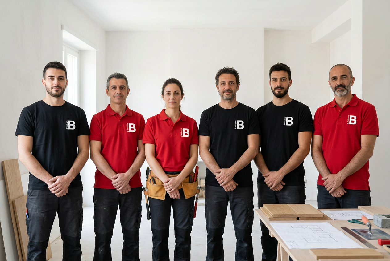 Immagine rappresentativa di una squadra di operai con maglie nere e rosse e logo Baccano & Partners bianco